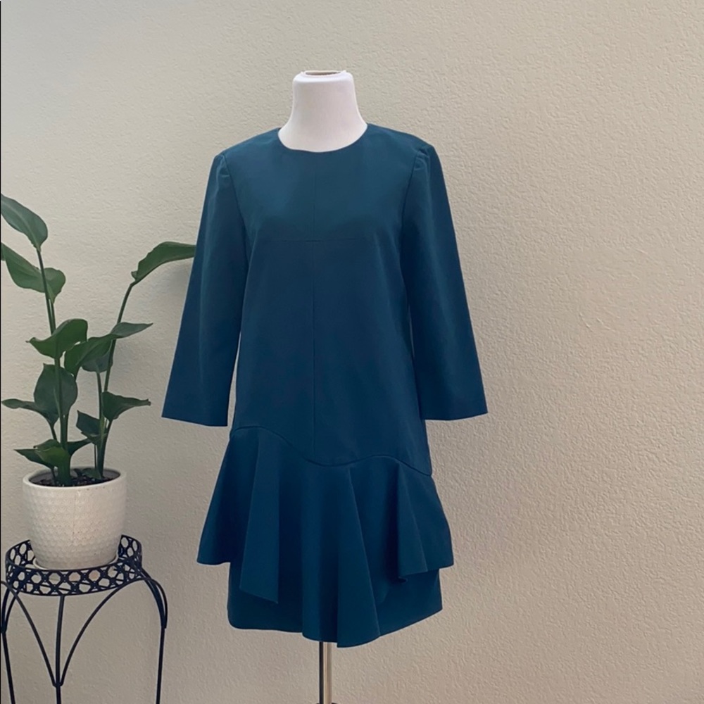 Tibi Designer Ruffle Agathe Layered Dress Zip Stretchy Teal Blue Dressy